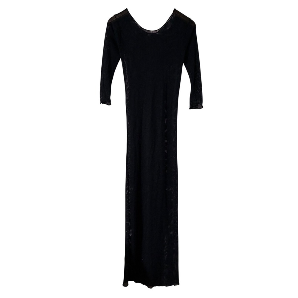 Black Mesh Maxi Dress Long Sleeve Sheer Grunge Goth Scoop Neck Honeycomb